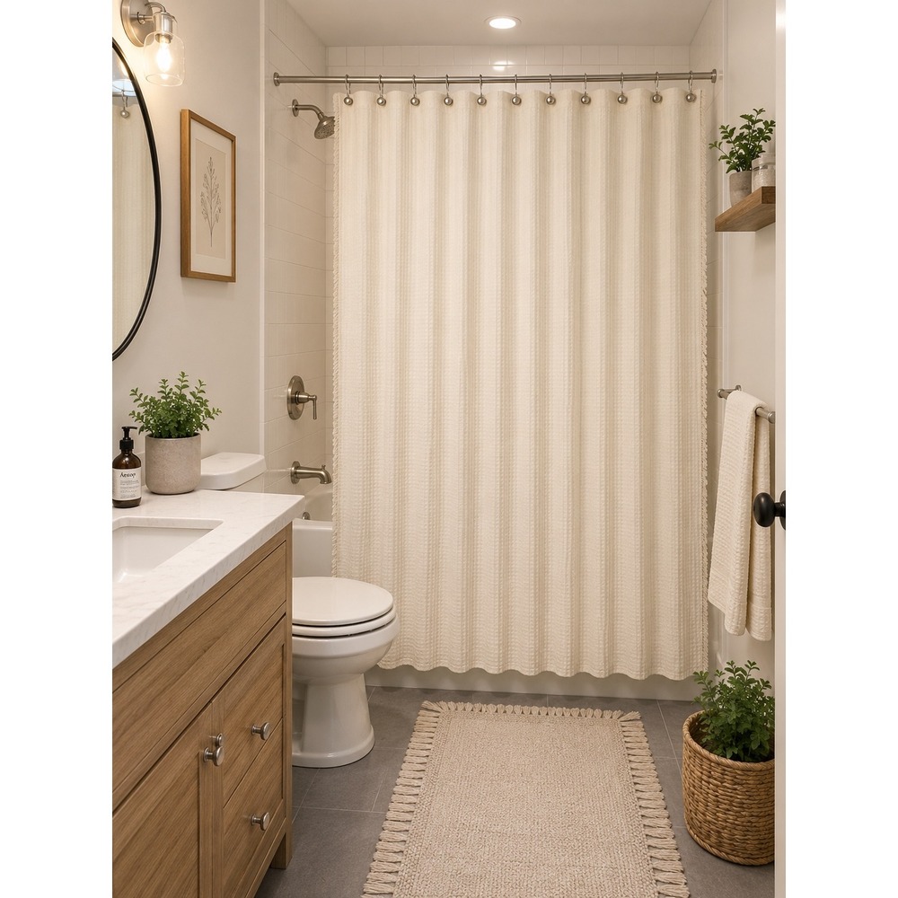 Dynamene Ivory Waffle Weave Shower‎ Curtain Hotel Spa Style 72x72 12 Hook Holes